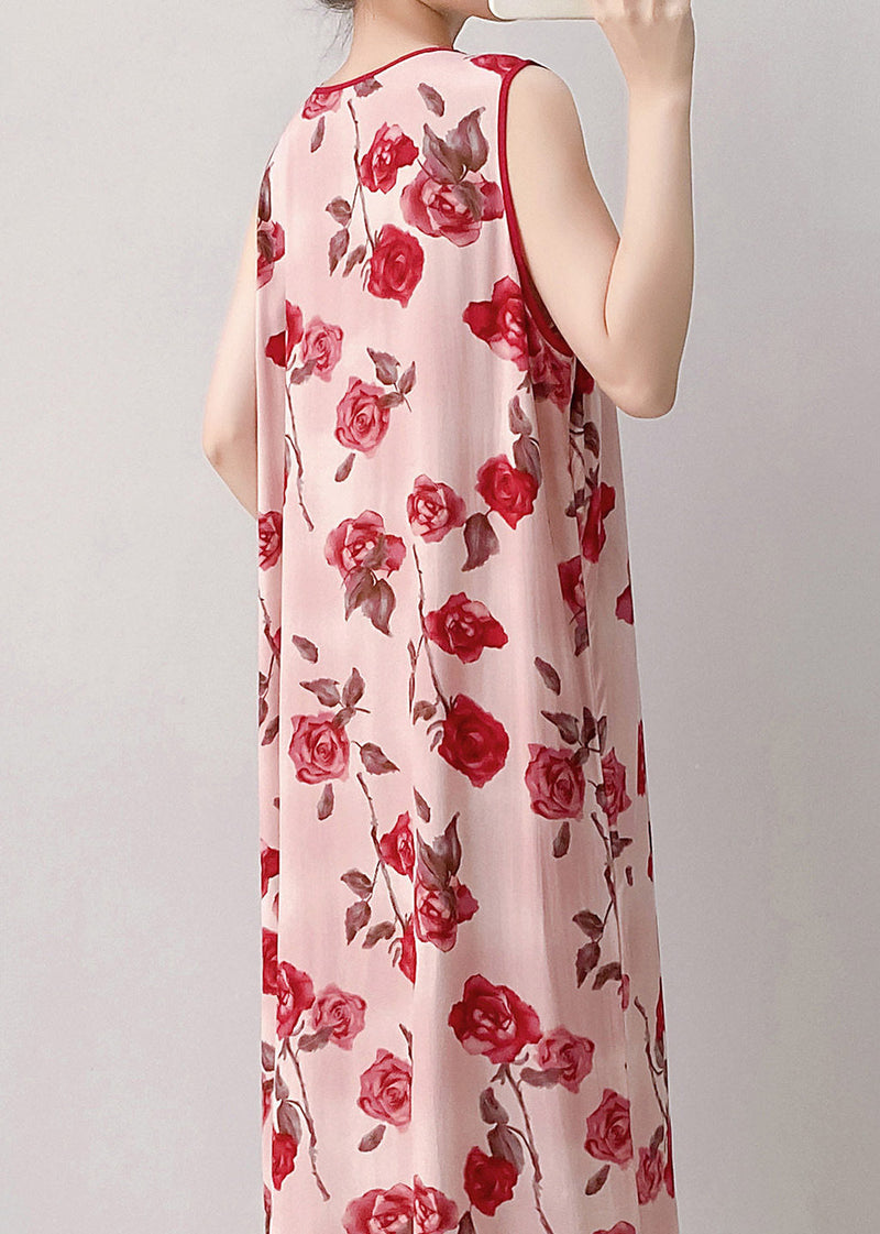 Red O-neck Print Long Dresses Summer