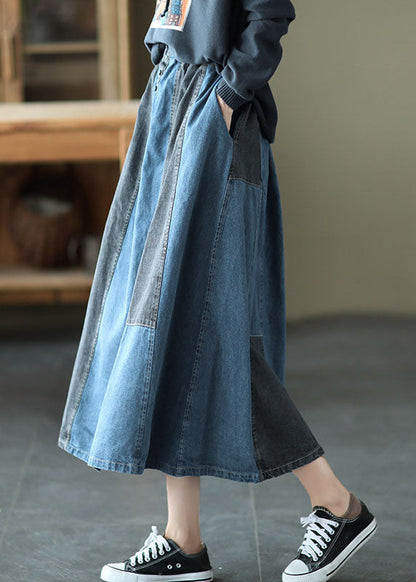 Light Blue Pocket Patchwork a Line Skirt Spring