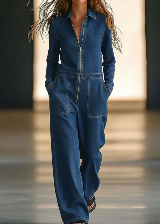 New Blue Peter Pan Collar Zippered Patchwork Denim Jumpsuit Fall