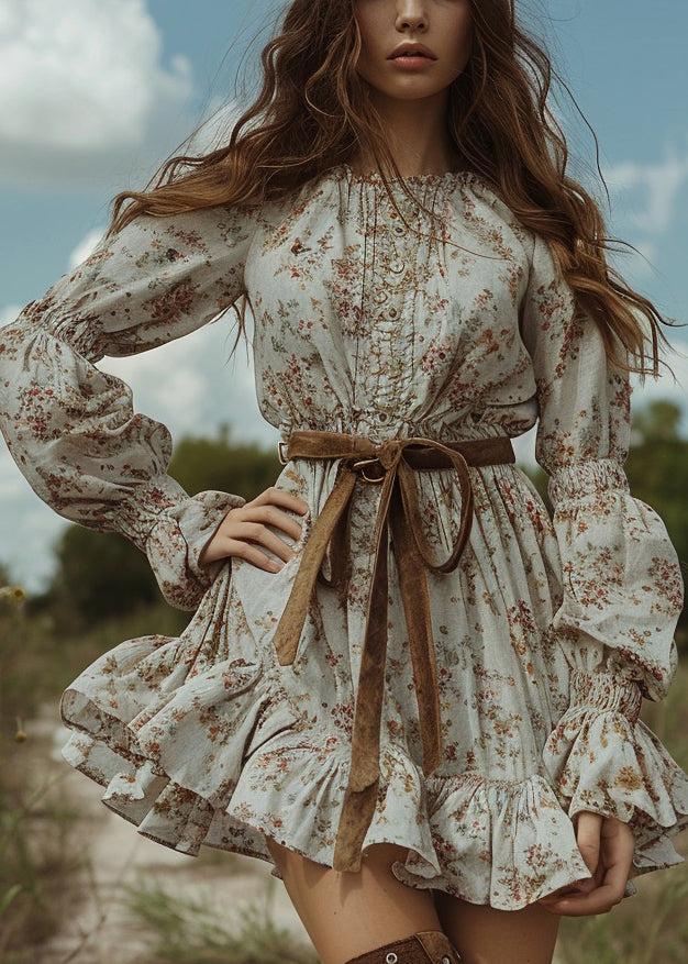 Pastoral Style Ruffled Mini Dresses Long Sleeve