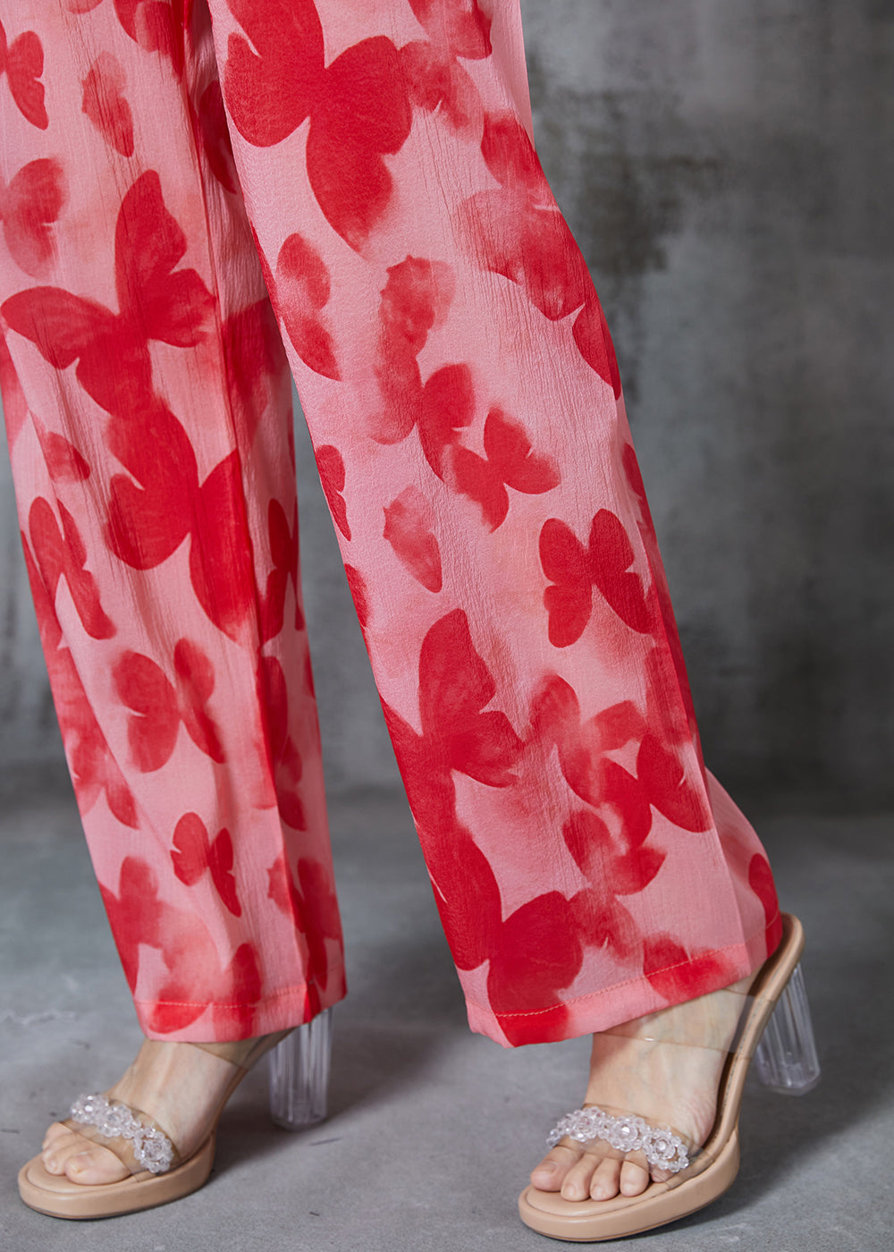 Red Print Silk Straight Pants Summer