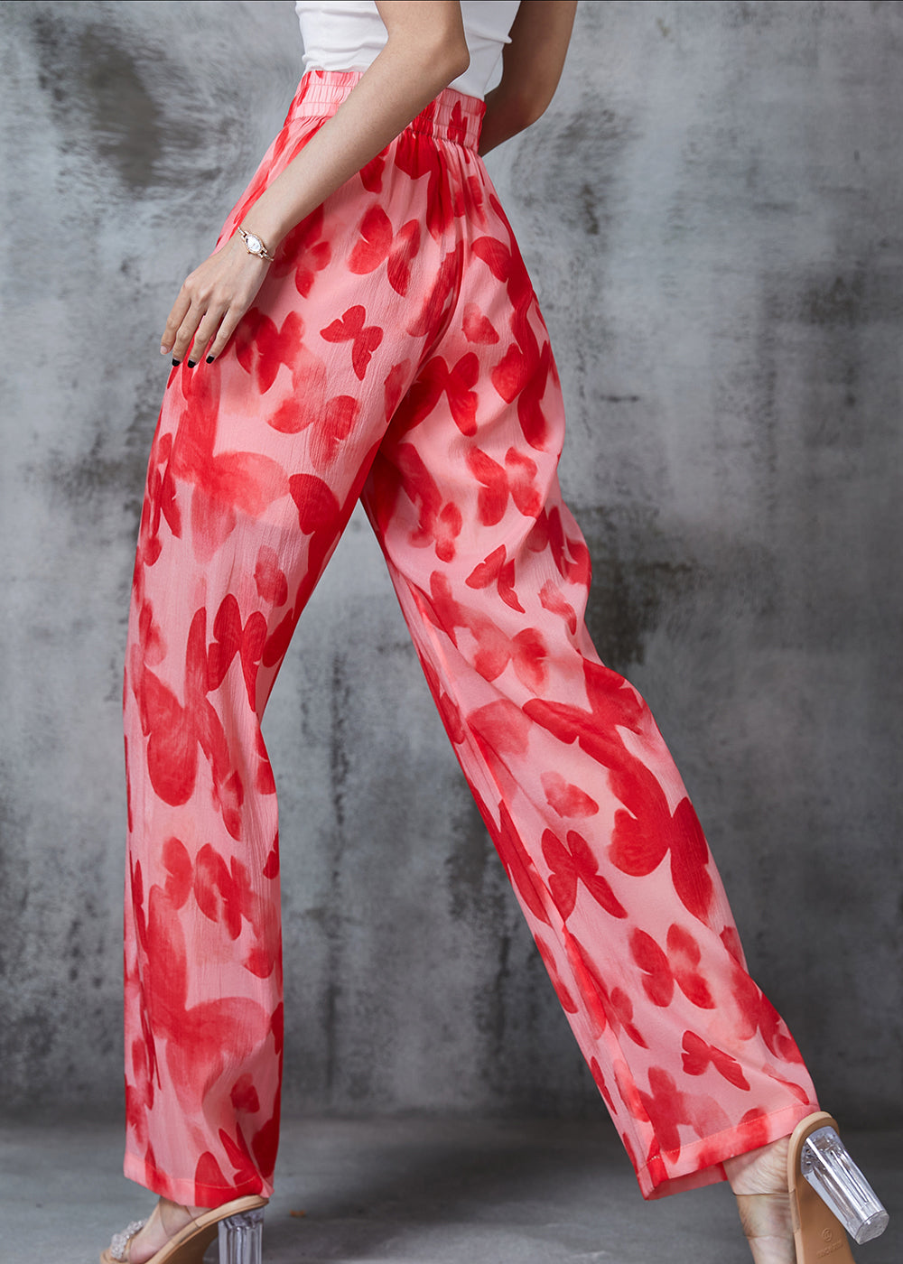 Red Print Silk Straight Pants Summer