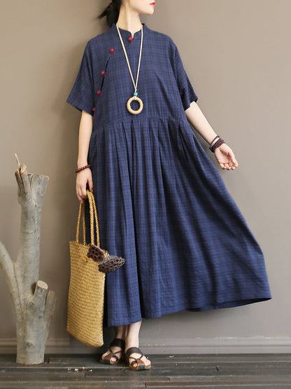 Pleated Plaid Chinese Style Dress