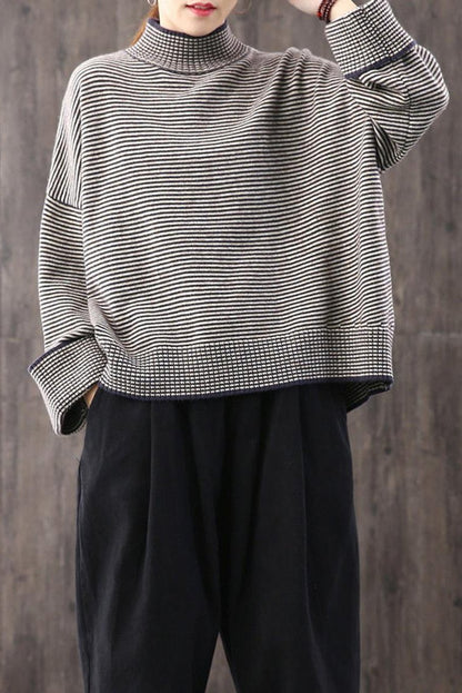 Loose High Collar Striped Sweater, Top,stylish Warm Sweater,wide Sleeve Sweater