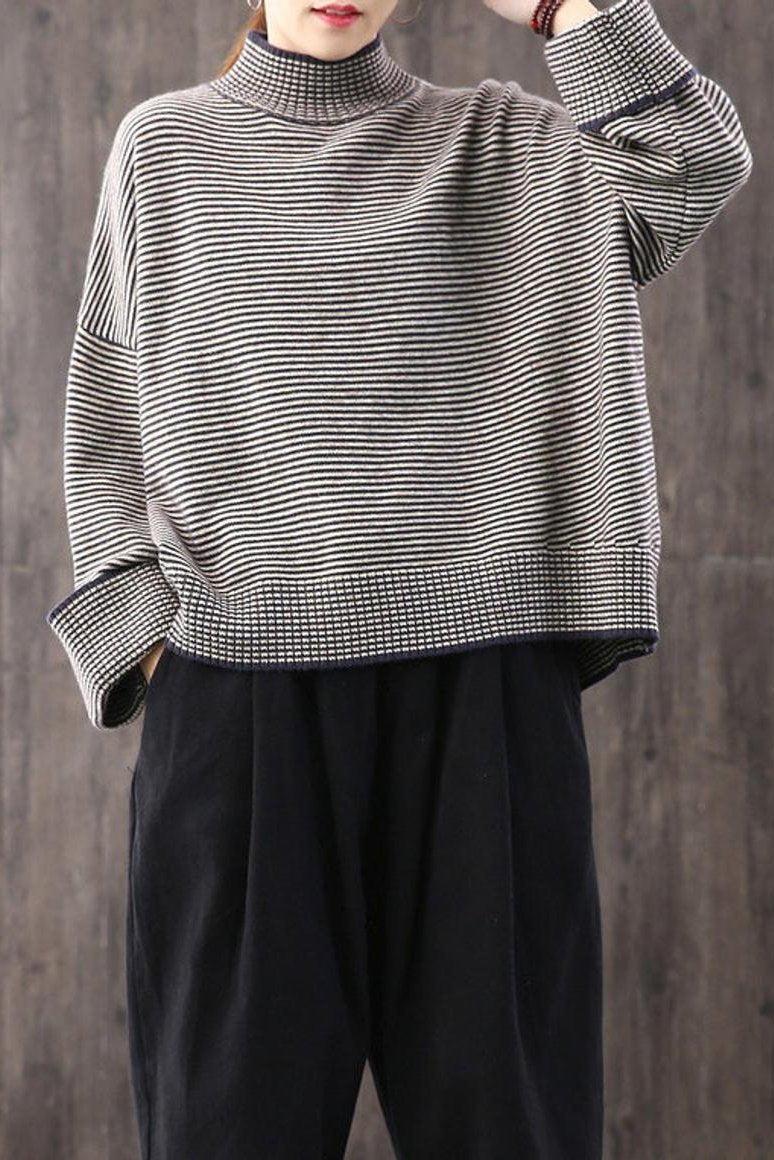 Loose High Collar Striped Sweater, Top,stylish Warm Sweater,wide Sleeve Sweater