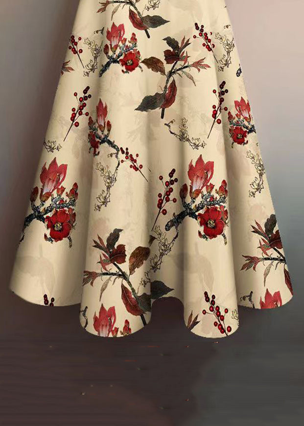 Khaki Print Elastic Waist Cotton Skirt Summer