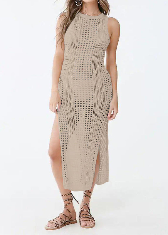 New Apricot O Neck Hollow Out Side Open Knit Dress Sleeveless