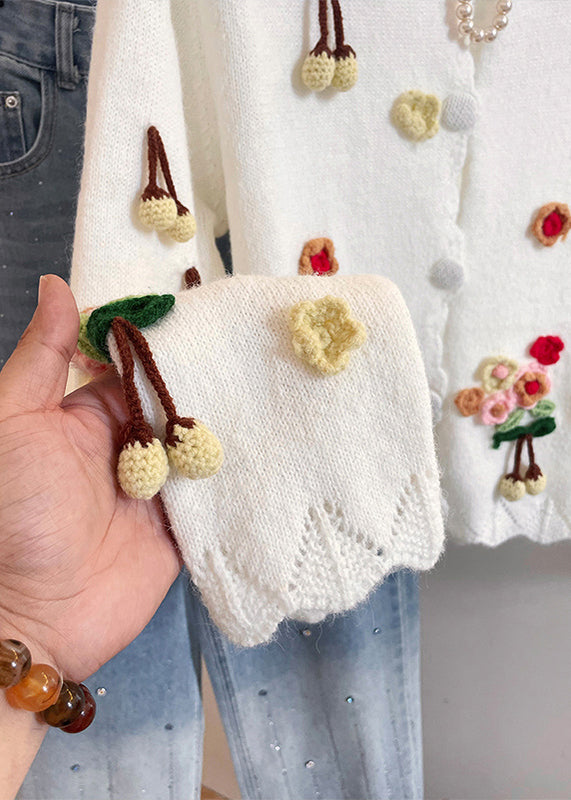 White Fuzzy Ball Decorated Warm Knit Cardigan Winter