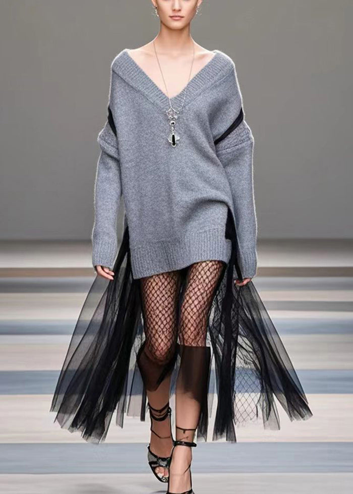 Diy Grey Oversized Patchwork Tulle Warm Sweater Dress Winter