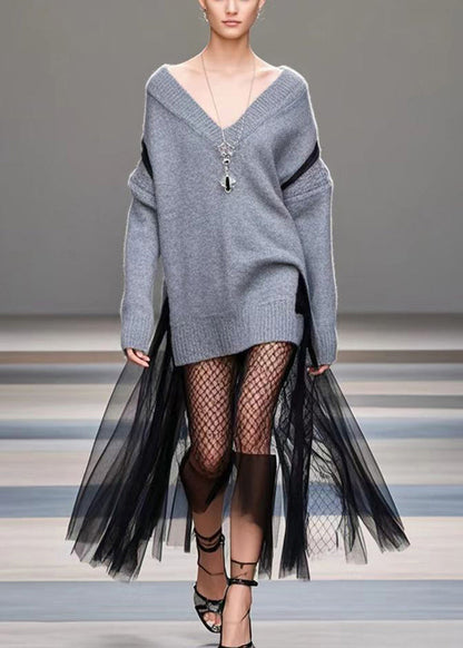 Diy Grey Oversized Patchwork Tulle Warm Sweater Dress Winter