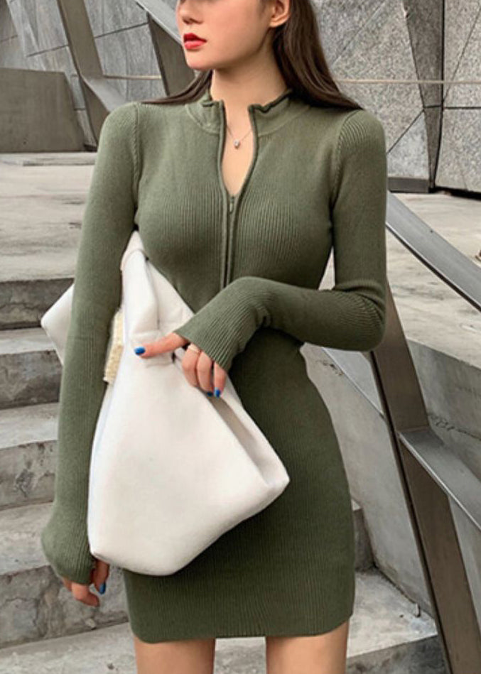 Army Green Knit Sweater Dress Zip Up Spring
