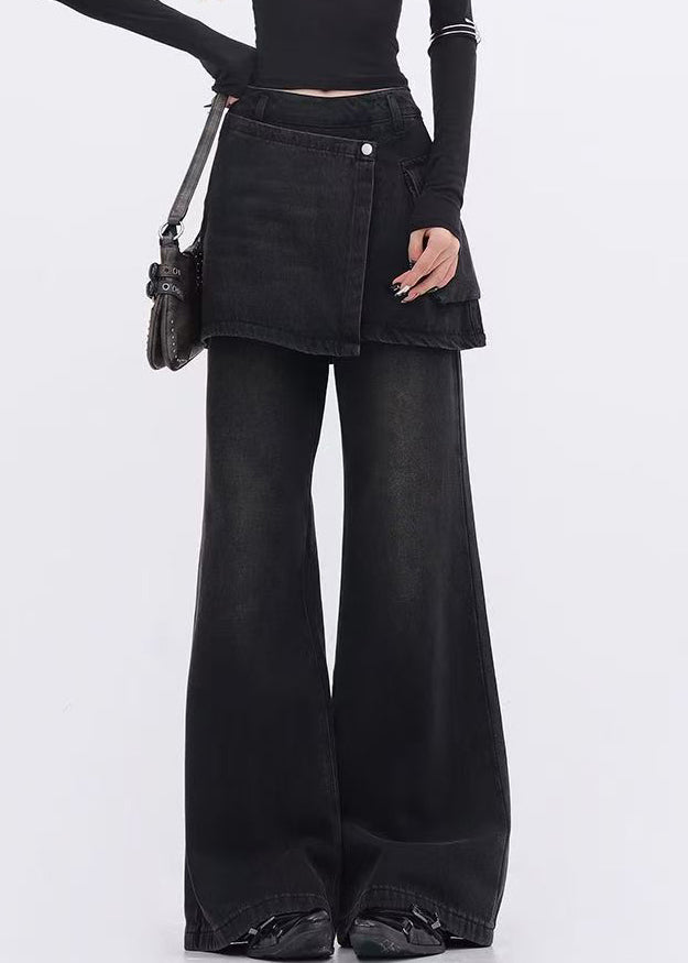 Modern Black False Two Pieces Patchwork Denim Flared Trousers Spring