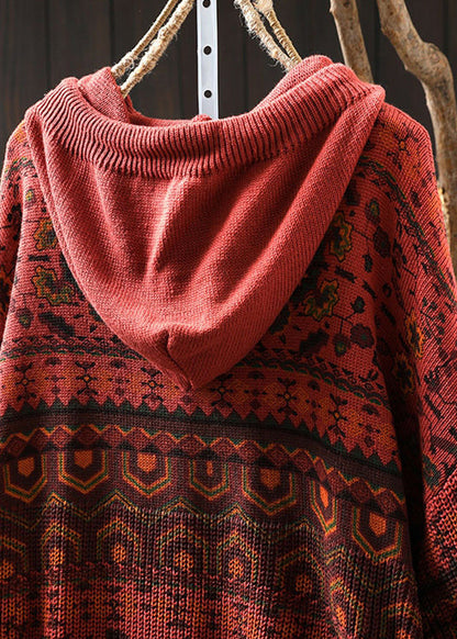 Khaki Hooded Print Cotton Knit Sweater Tops Spring