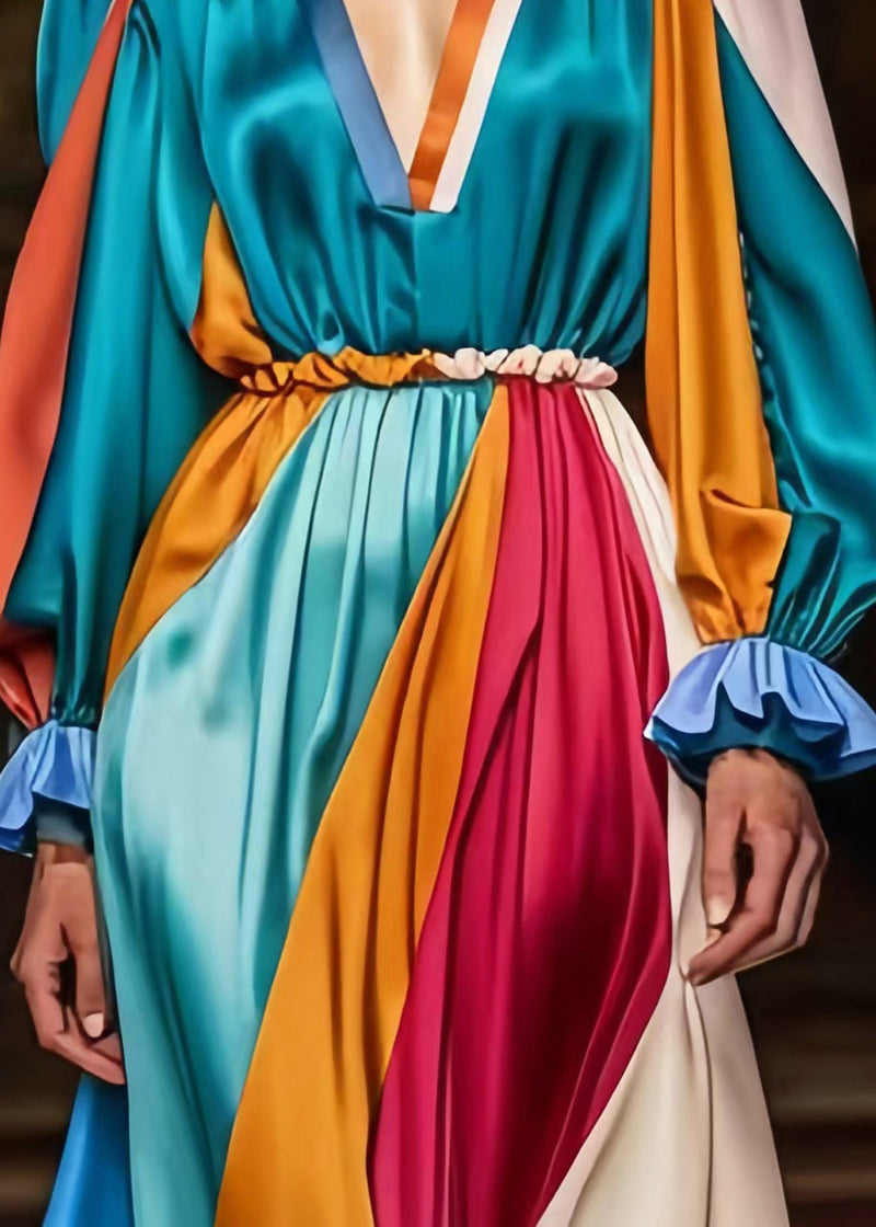 Peacock Green V Neck Patchwork Silk Vacation Dresses Spring