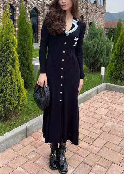 Blue Embroidered Button Slim Fit Knit Dress Fall