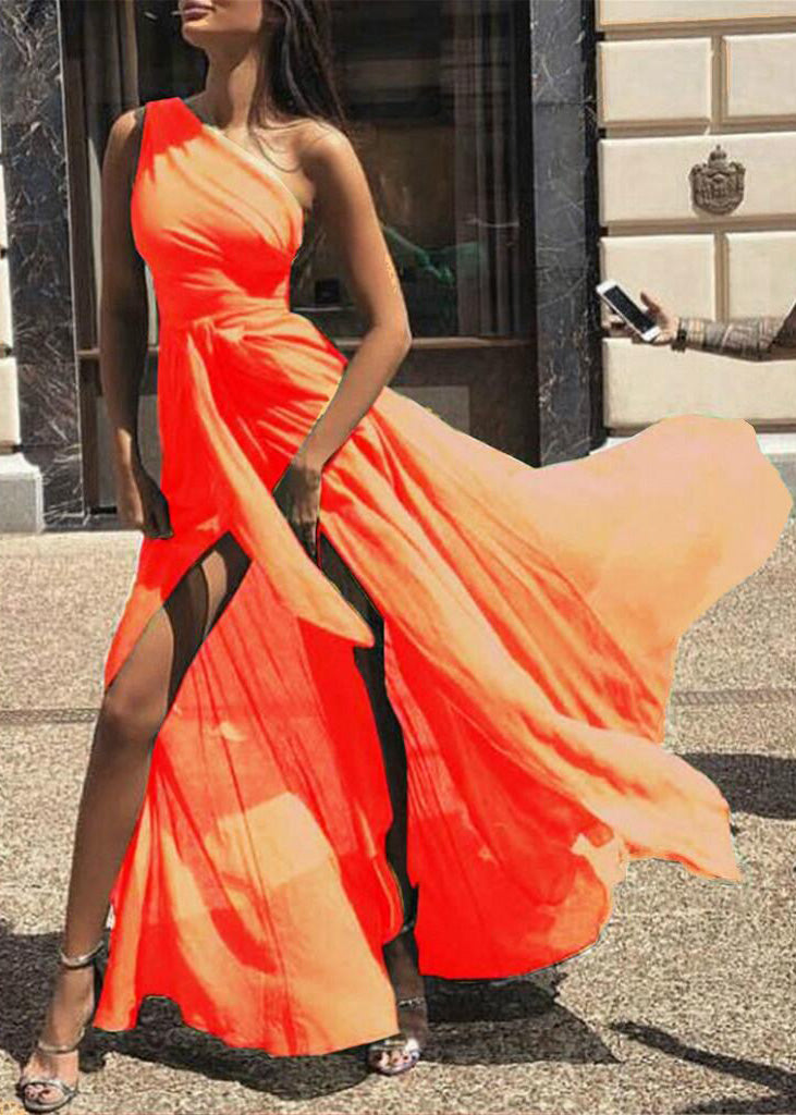 Green One Shoulder Side Open Chiffon Dress Summer