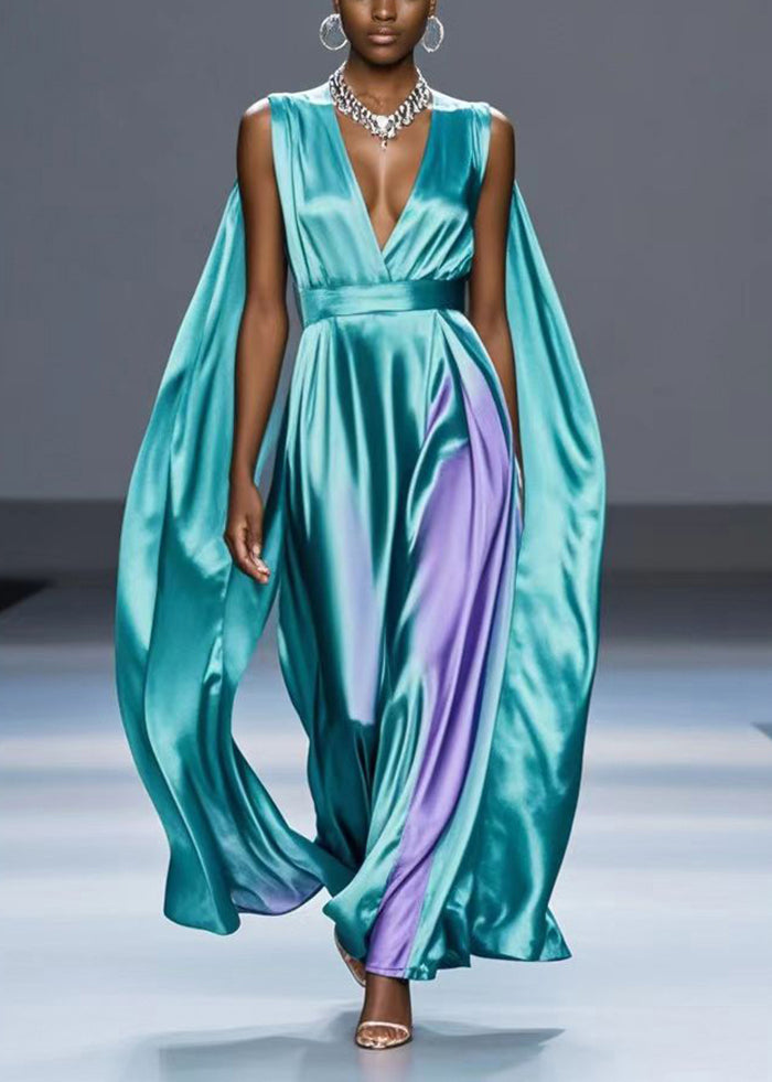 Green V Neck Tie Dye Silk Party Dress Summer