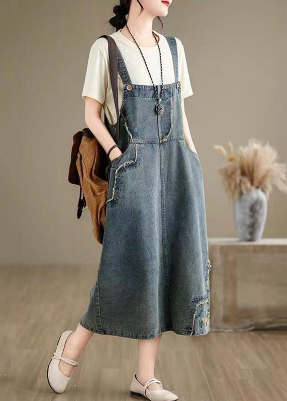 Denim Grey Embroidered Patchwork Spaghetti Strap Dress Sleeveless