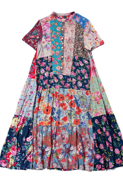 Print Splicing Short Sleeve 100% Cotton Dress
