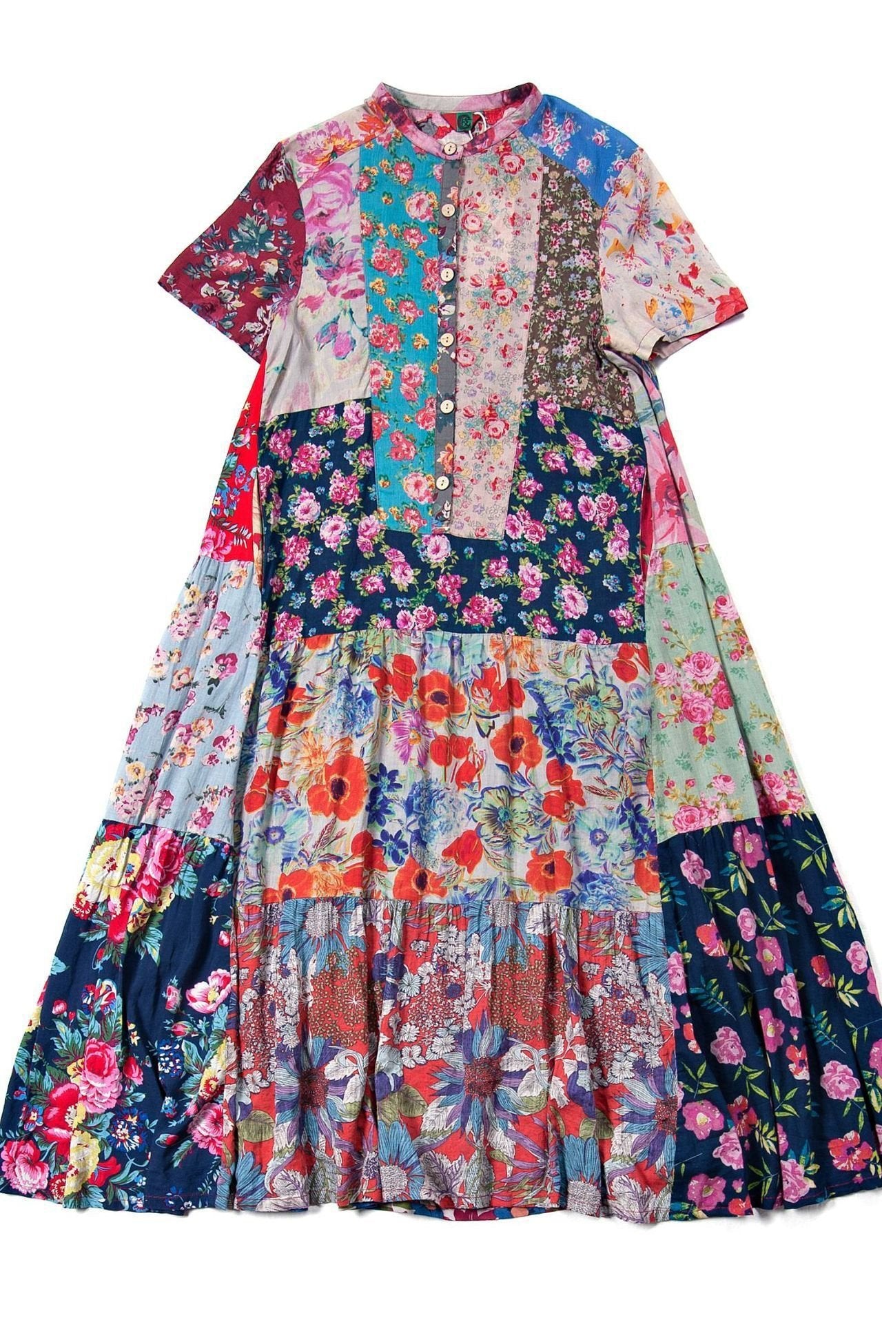 Print Splicing Short Sleeve 100% Cotton Dress