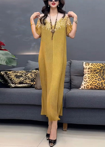 Stylish Yellow O-neck Print Cotton Long Dress Summer