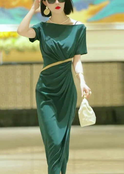 Green Slash Neck Slim Fit Cotton Dress Summer