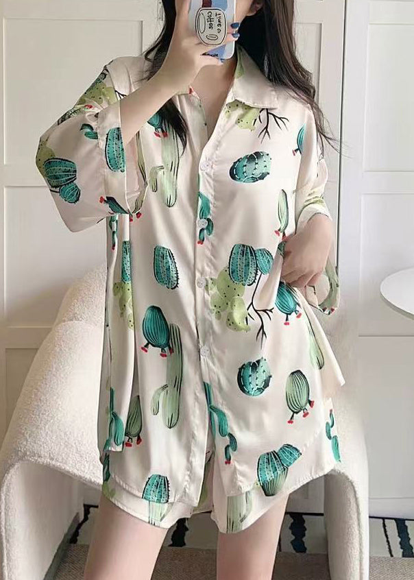 Beige Button Print Ice Silk Pajamas Two-piece Set Peter Pan Collar Spring