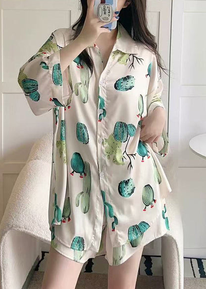 Beige Button Print Ice Silk Pajamas Two-piece Set Peter Pan Collar Spring