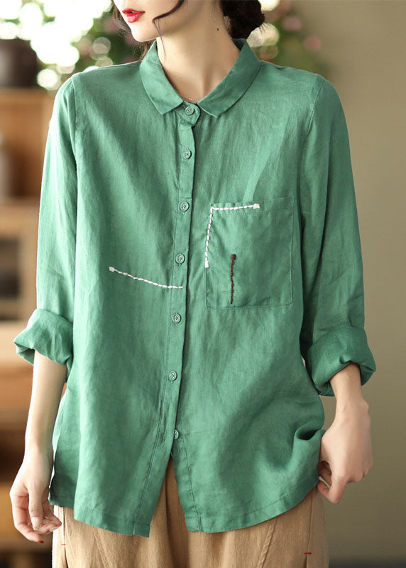 Black Peter Pan Collar Patchwork Linen Blouses Spring