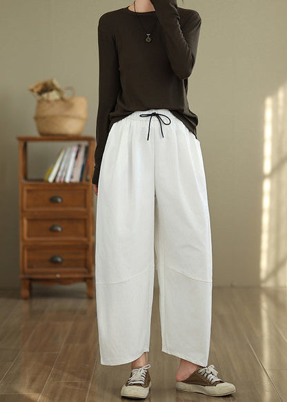 White Pockets Drawstring Cotton Pants Fall