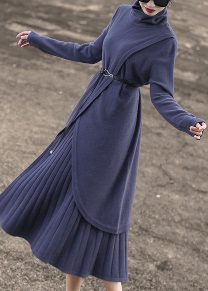 New Blue Turtleneck Tops and Skirts Wool Knit Two-piece Set Winter