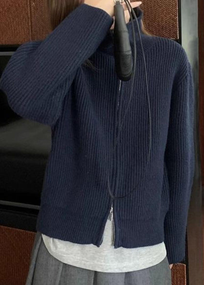 Grey Zippered Cotton Coat Turtleneck Spring