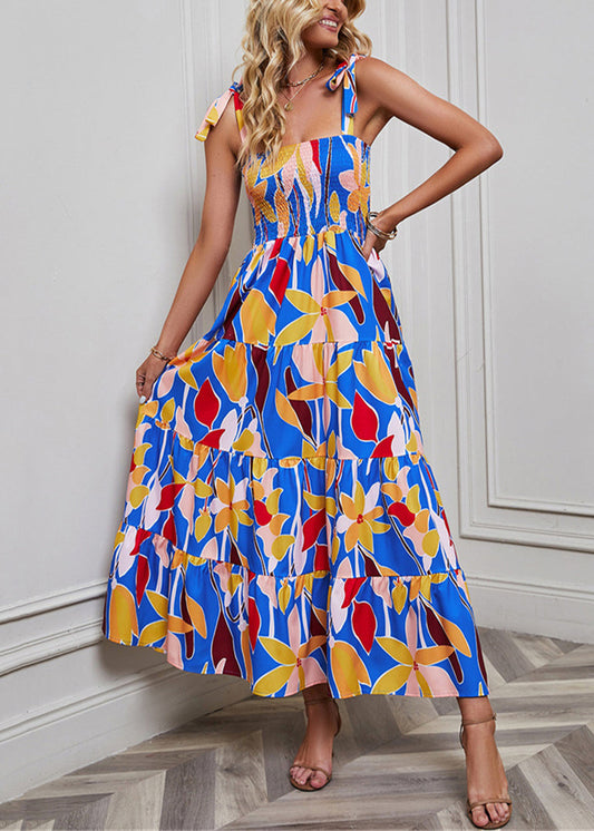 Blue Print High Waist Cotton Dresses Summer