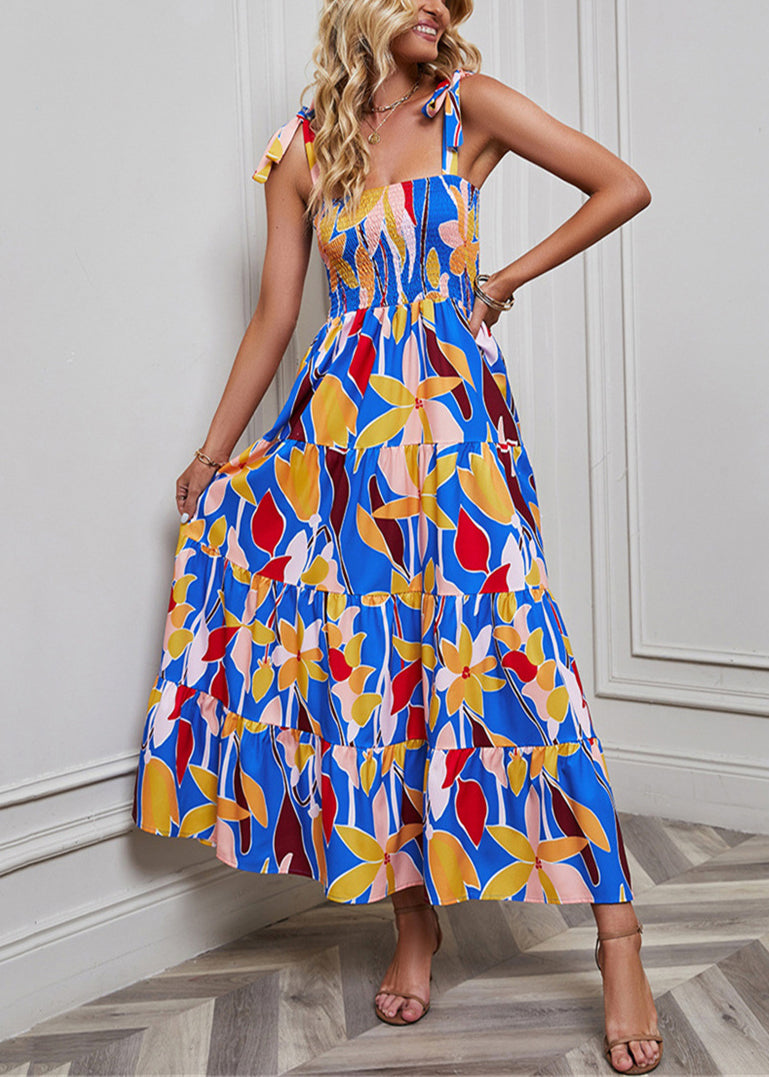 Blue Print High Waist Cotton Dresses Summer
