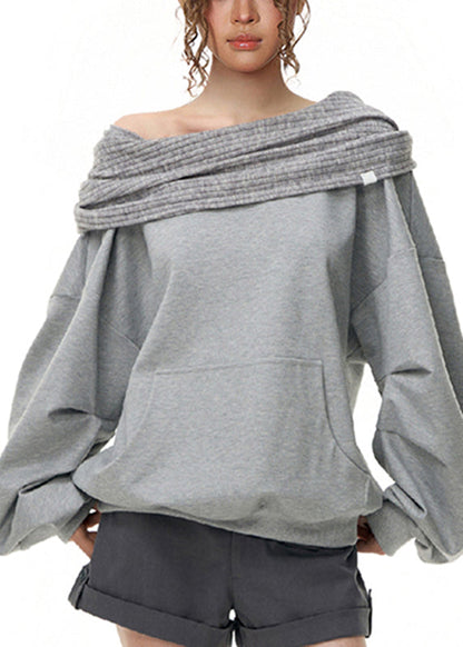 Grey Slash Neck Pockets Sweatshirts Lantern Sleeve