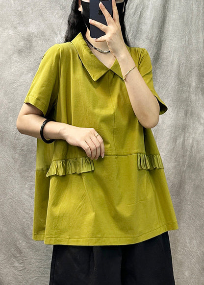 Yellow Green Square Collar Ruffled Patchwork T Shirt Summer
