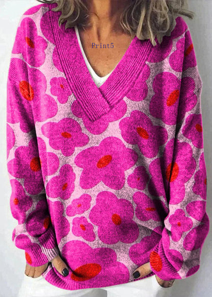 V Neck Print Knit Sweaters Spring