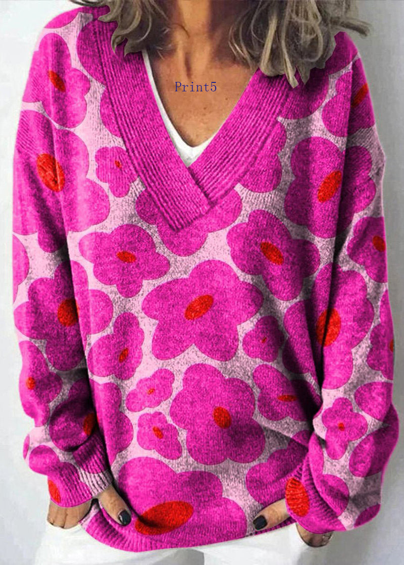 V Neck Print Knit Sweaters Spring