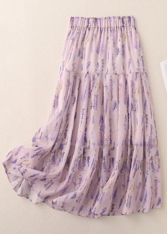 Purple Print Elastic Waist Cotton Skirt Summer