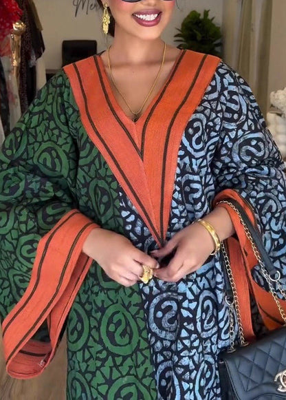 Colorblock V Neck Print Cotton Vacation Dresses Fall