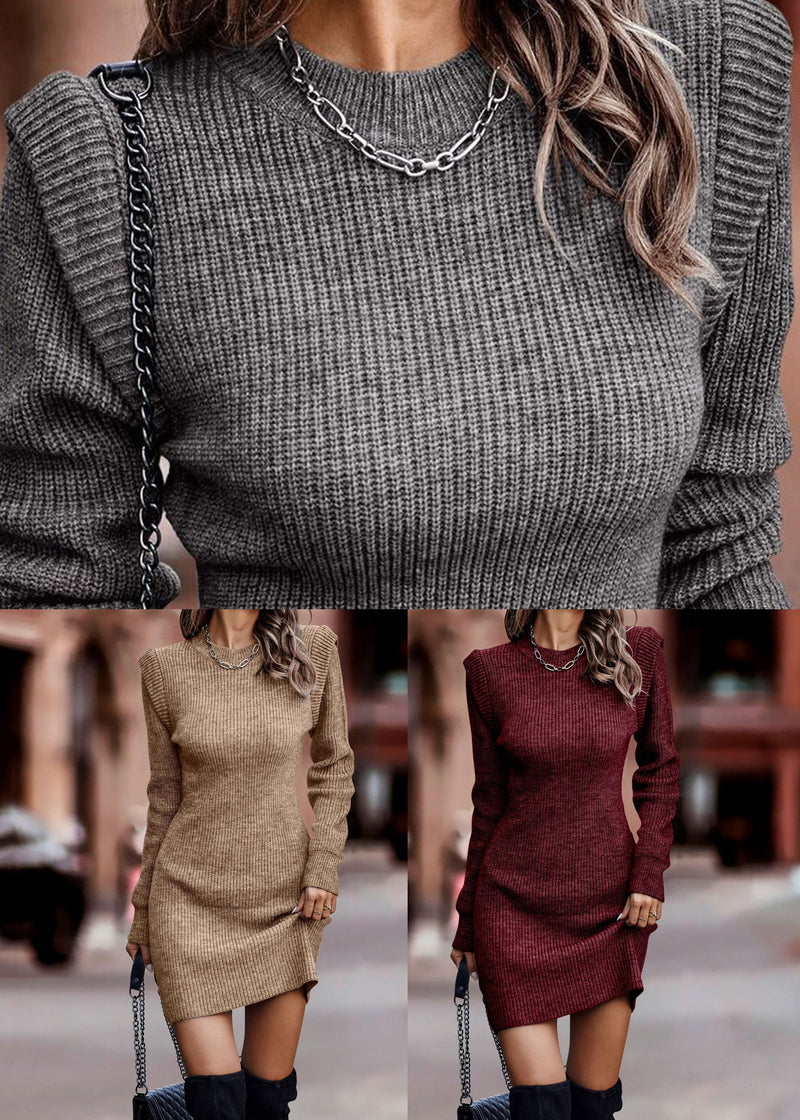 French Khaki O-neck Patchwork Knit Sweaters Dresses Fall