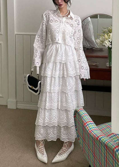 French White Hollow Out Shirts and Skirts Cotton Two Piece Set Fall