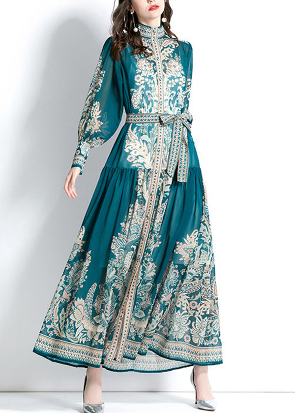 Green Stand Collar Print Tie Waist Chiffon Dress Lantern Sleeve