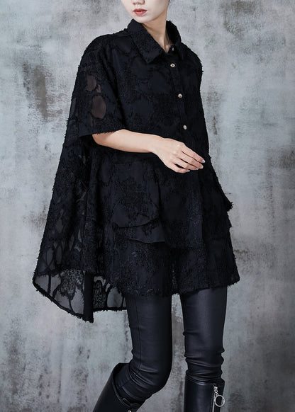 Black Oversized Tasseled Chiffon Top Summer