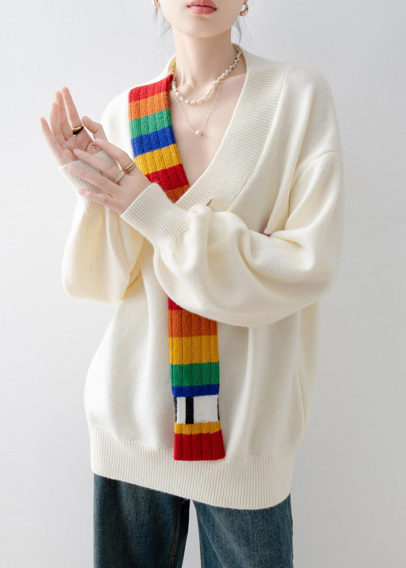 Beige V Neck Patchwork Knitted Sweaters Tops Spring