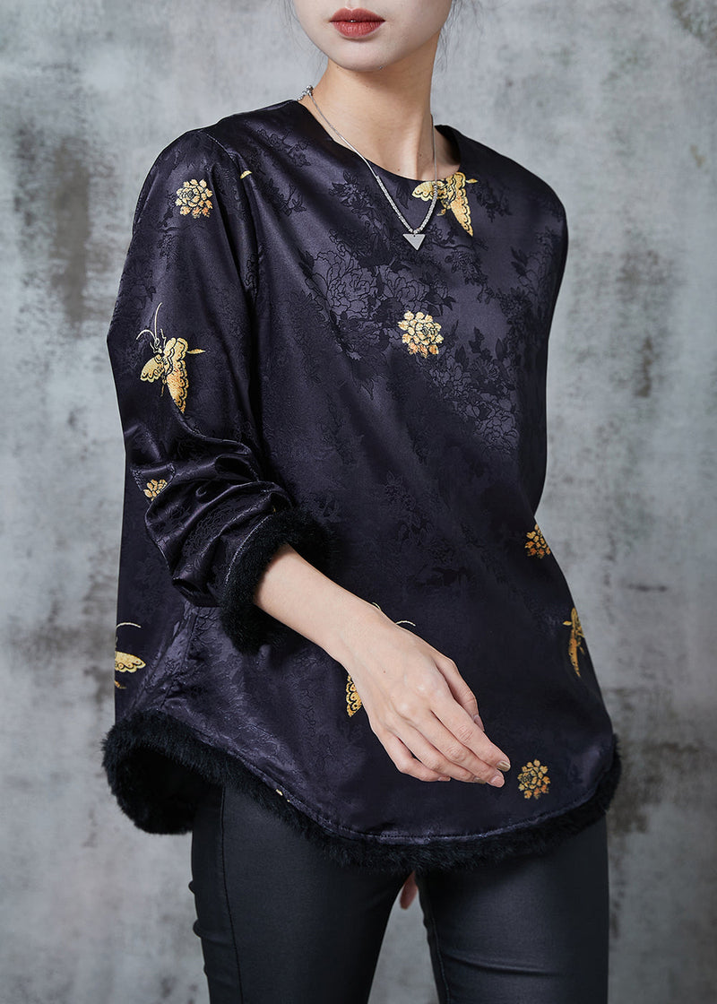 Black Jacquard Butterfly Silk Shirts Spring