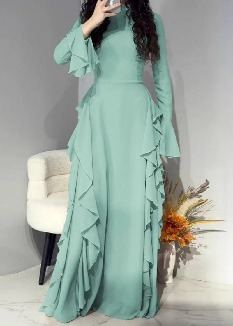 Pink High Waist Chiffon Maxi Dresses Flare Sleeve