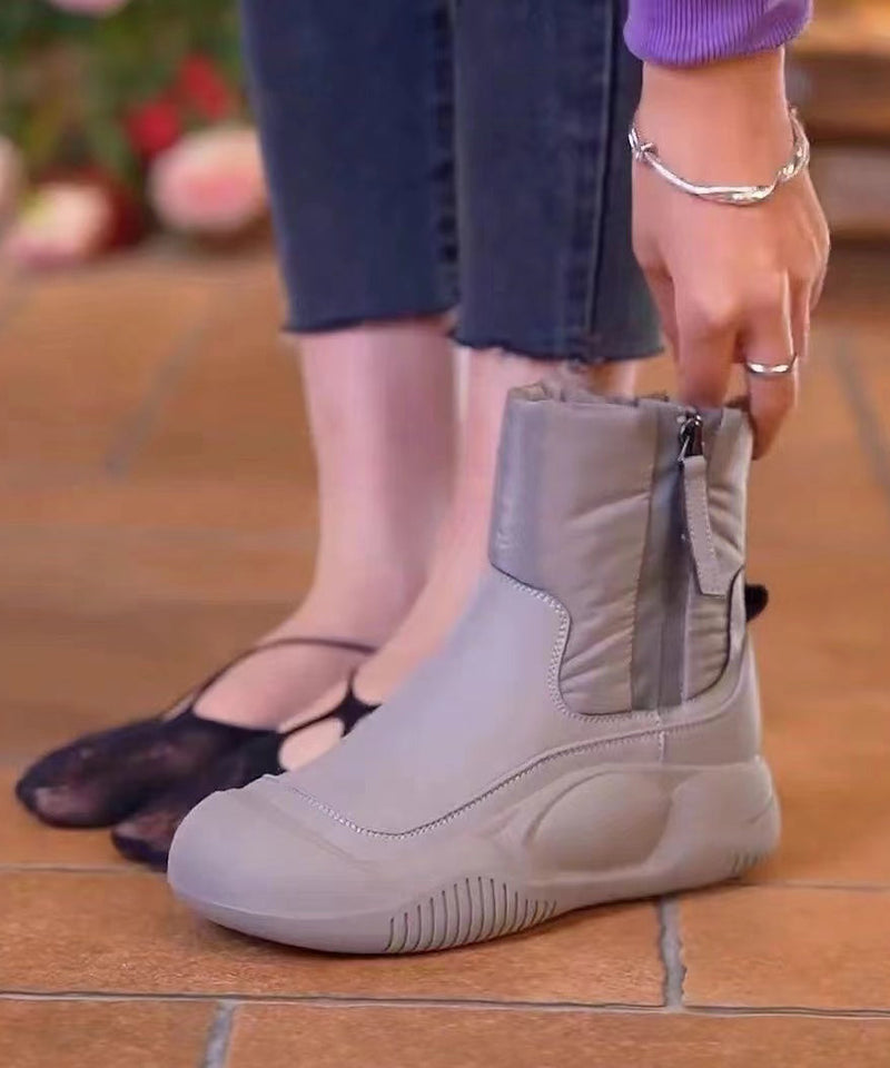 Grey Zippered Splicing Boots Fuzzy Wool Lined