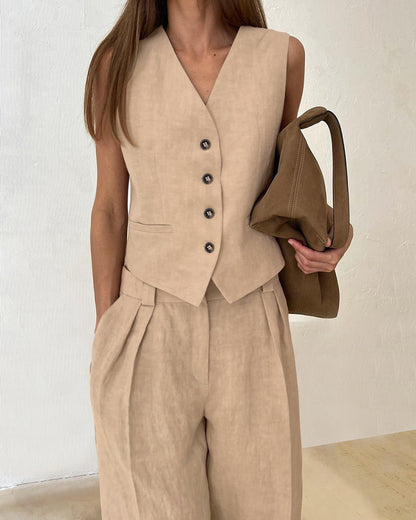 Color Cotton and Linen V-neck Vest Long Pants Set