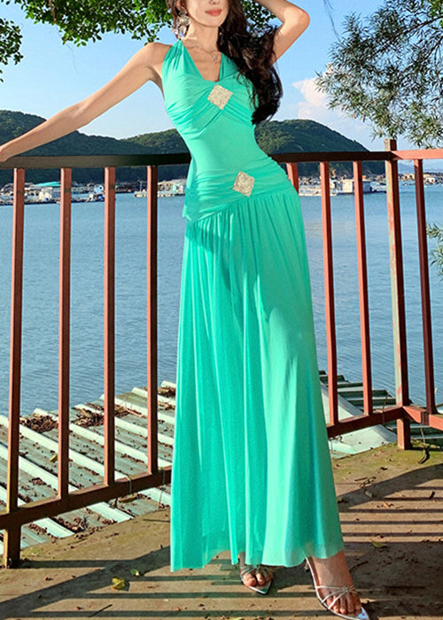 Green Lace Up Cotton Long Dress Sleeveless